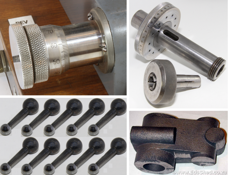 Some of the parts manufactured - A dividing head, ball turning tool and scoring jig were made for the project as well. The main spindle has a taper bore to suit the home made collet set which also fits the Myford lathe..