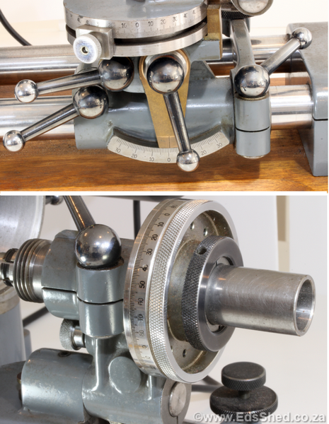 Close ups of the Rotating Head showing the clamping collet on the protractor head. There are index holes every 30deg for the plunger pin (knurled knob bottom left
